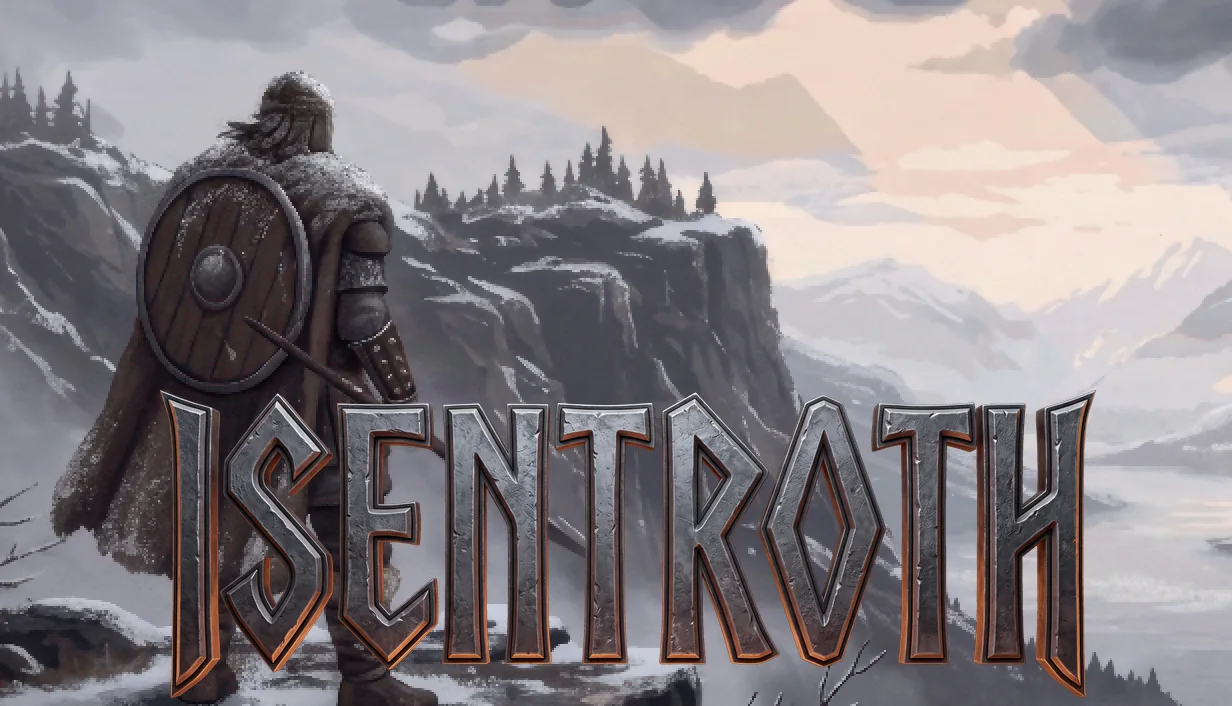 The main capsule: the same warrior and coastline with the Isentroth logotype set right of center.