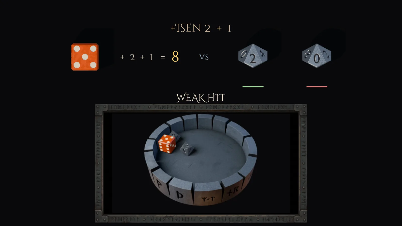 A move resolving: the action die and two challenge dice settled in a stone tray.