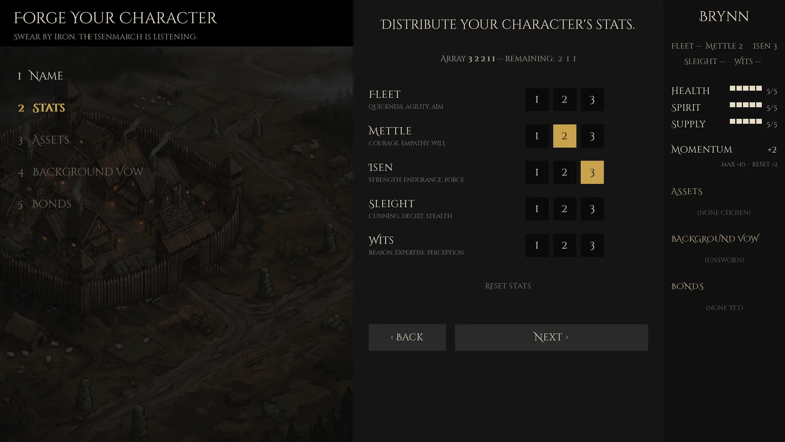 Character creation: distributing the five stats.